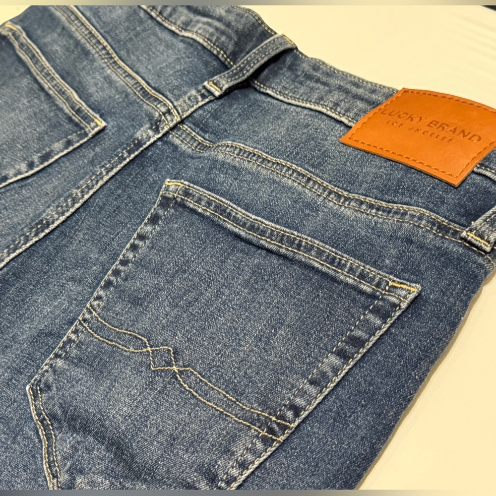 Lucky Brand Bermuda Jean Shorts | Dark Wash Denim w/ Tan Logo Patch - Picture 6 of 16